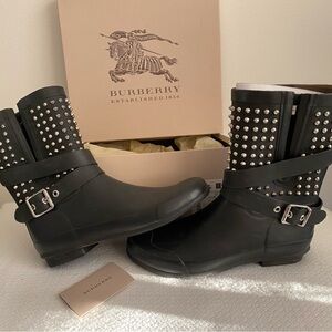 Burberry Holloway Black Rubber Rain Boots with Studs